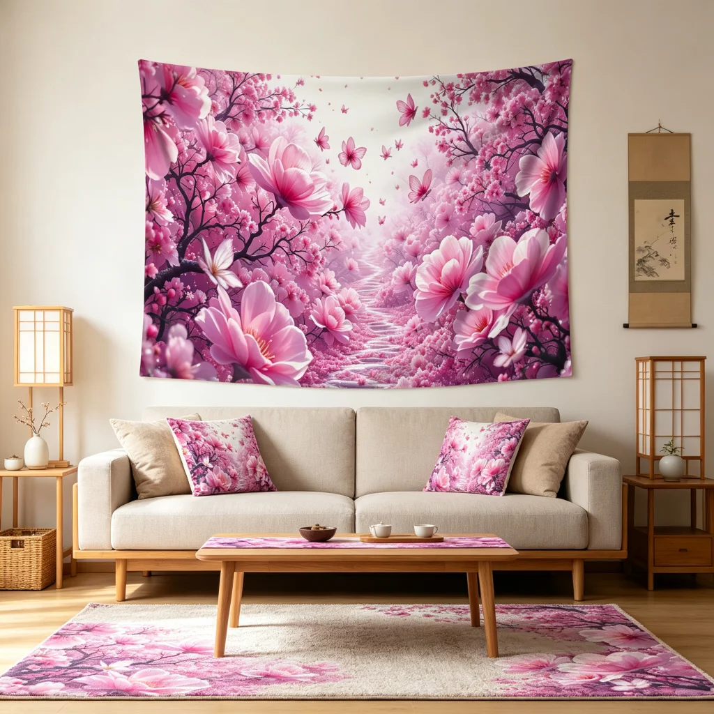 1PC Pink Cherry Blossom Art Print Backdrop Banner, Bedroom Living Room Photo Background, Polyester, Home Decor, Wall Art