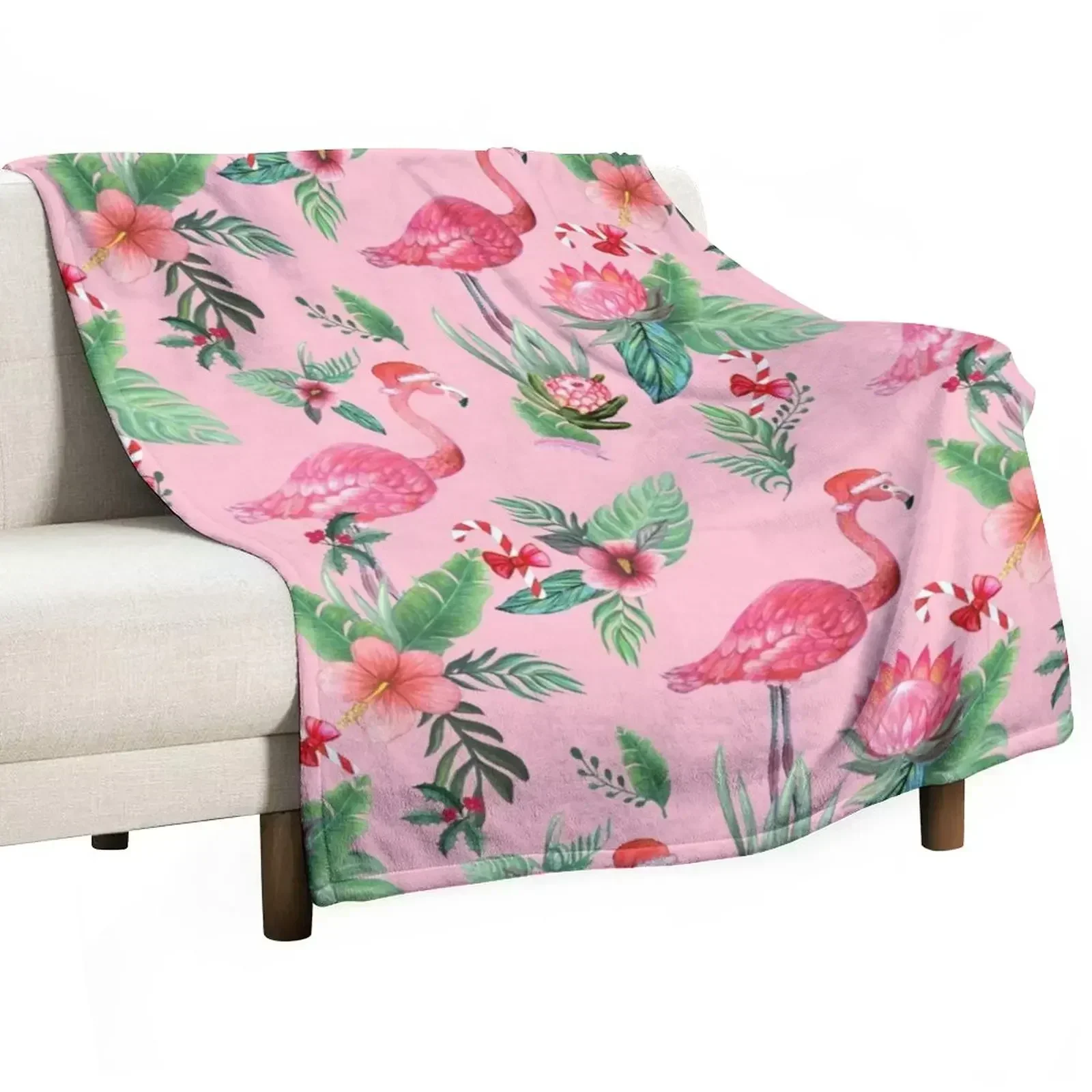 Christmas Flamingo Santa on Pink with candy canes / Tropical Christmas Throw Blanket Sofa Throw Beach Blankets