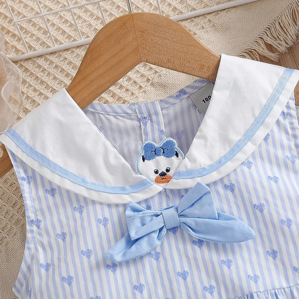 Kleid für kleine Mädchen, 2–6 Jahre, ärmellos, gestreift, mit Herz-Print, 100 % Baumwolle, weißer Kragen, Schleifenakzent, Sommer-Outfits für Kinder – Detail 6