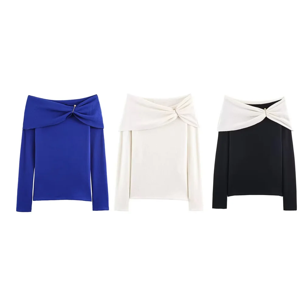 

2026 New Women's French Contrast Splicing Long Sleeve Straight Collar Off Shoulder Embroidered Knitted Top