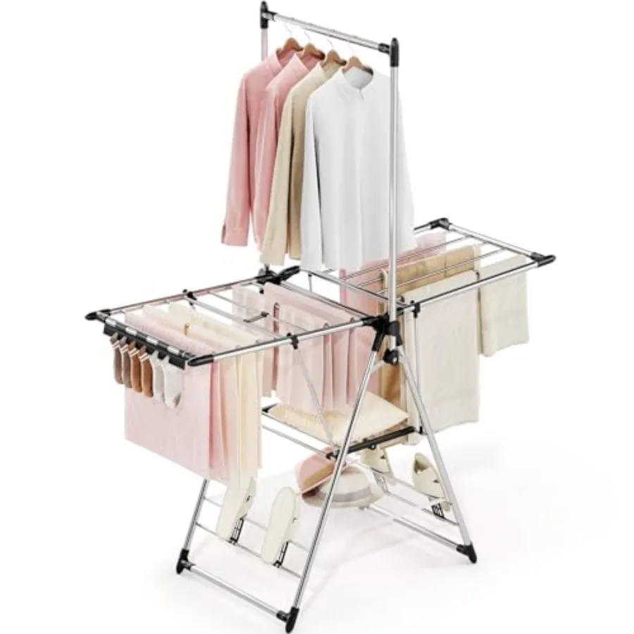 Tendedero Plegable de 3 Niveles con Barra Alta, Estante para Zapatos y Barra Vertical para Ropa