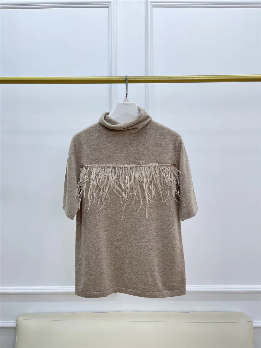 Feather Cashmere Sweater Half Turtleneck Short Sleeve Knitted Top Women 24 Autumn and Winter