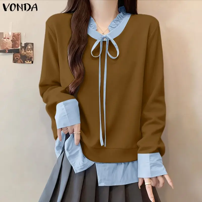 VONDA Elegant Office Blouse Women Fashion Shirts Color Patchwork Casual Tops Tunic Bandage Long Sleeve Street Blusas Femininas
