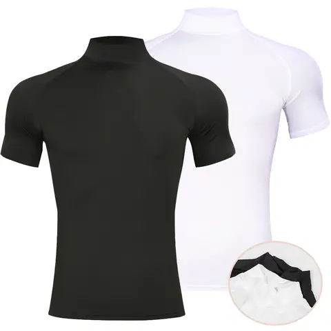 Mens Bodybuilding Sports Tight T-shirt Summer Compression Turtleneck Short Sleeve Gym Fitness Quick Dry Running Male Workout Top
