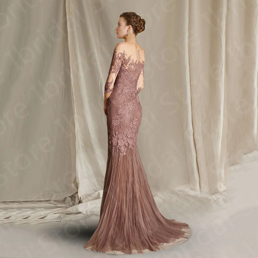 Robe sirène en dentelle rose poussiéreux, charmantes robes de sirène, quelle que soit la mariée, encolure de la présidence, manches 3/4, fête de mariage 2023