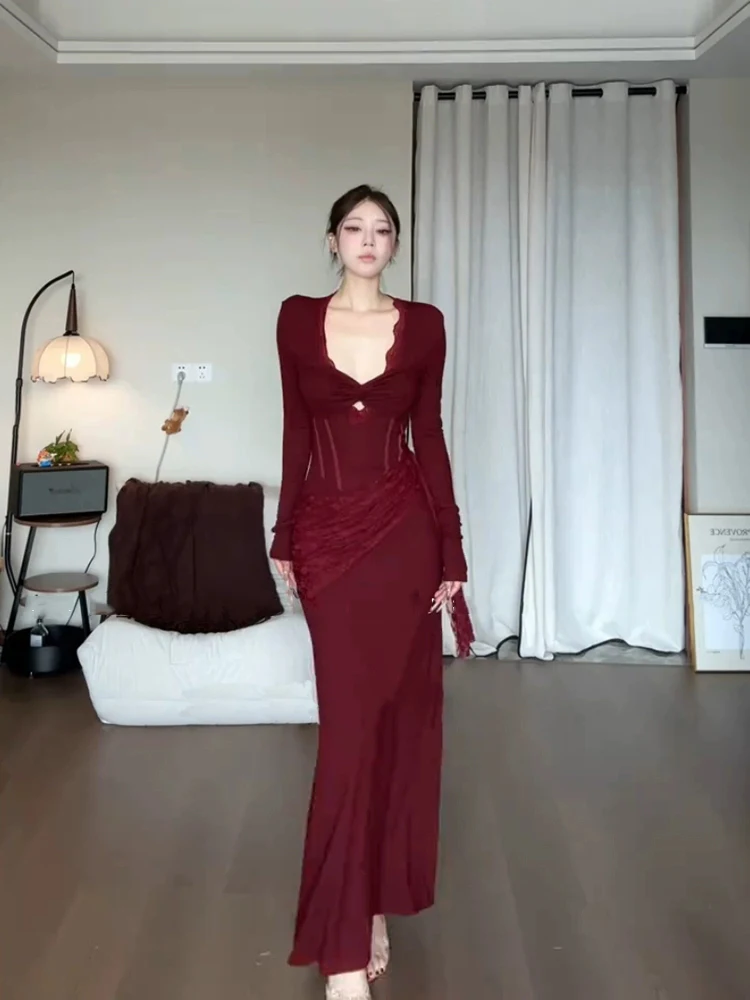 

XZY Sexy Deep V Lace Splice Women's Dr plus Size Bodycon Long Skirt Polyester Fiber A-Line Sve Daily Wear Winter