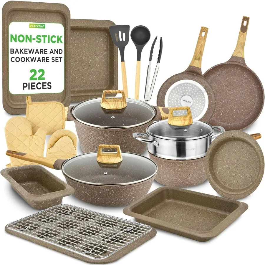 

22Piece Black Marble NonStick Cookware and Bakeware Set for Professional Home Kitchen Use Includes MultiSized Pots Pans and Hea