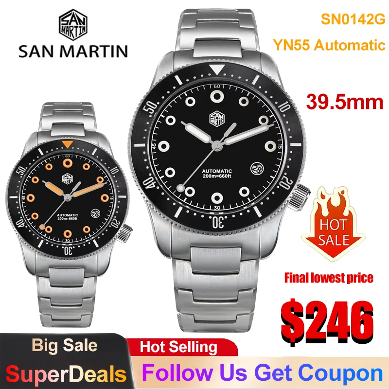 San Martin SN0142 Mechanical Watches YN55 Automatic Movement 39.5mm Men's Watch Sapphire Luminous 200m Waterproof Diver Watch