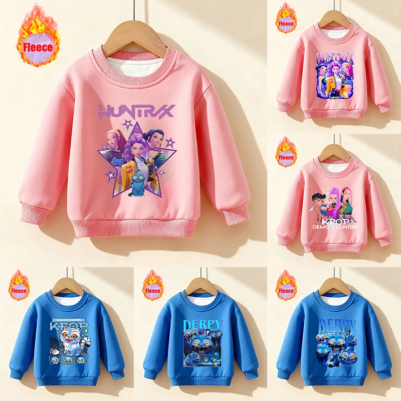 

Детский свитшот K Pop Demon Huntersd, кавайная толстовка с принтом персонажей мультфильма, детские утепленные теплые топы, зимняя одежда для девочек