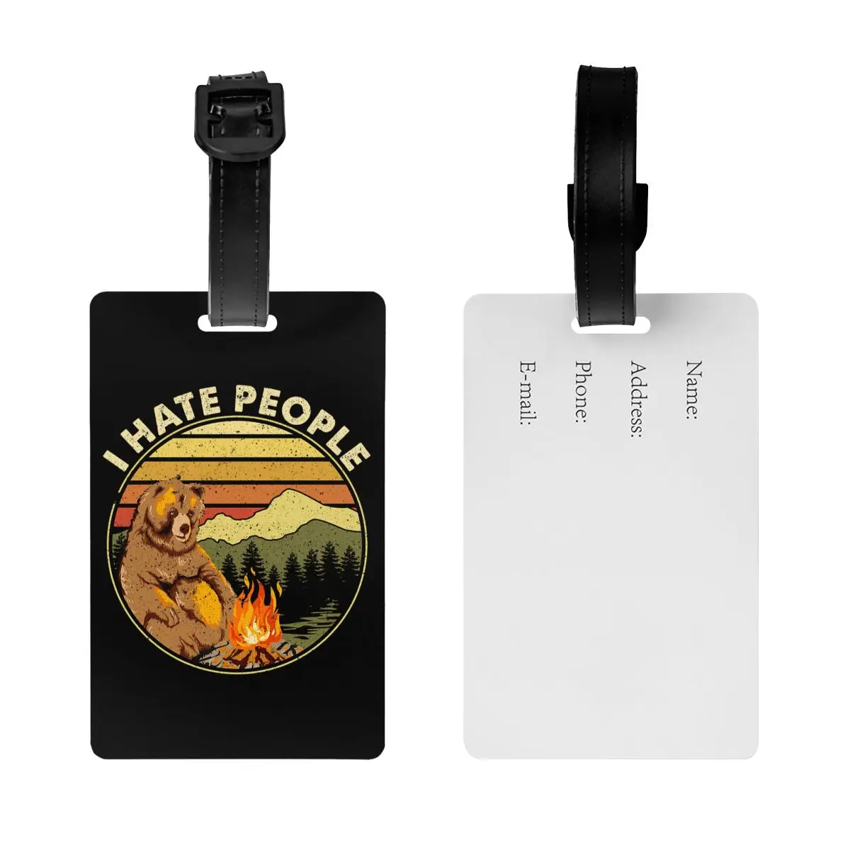 Custom Bear Camping I Hate People Luggage Tag With Name Card Adventure Capmer Privacy Cover ID Label for Travel Bag Suitcase