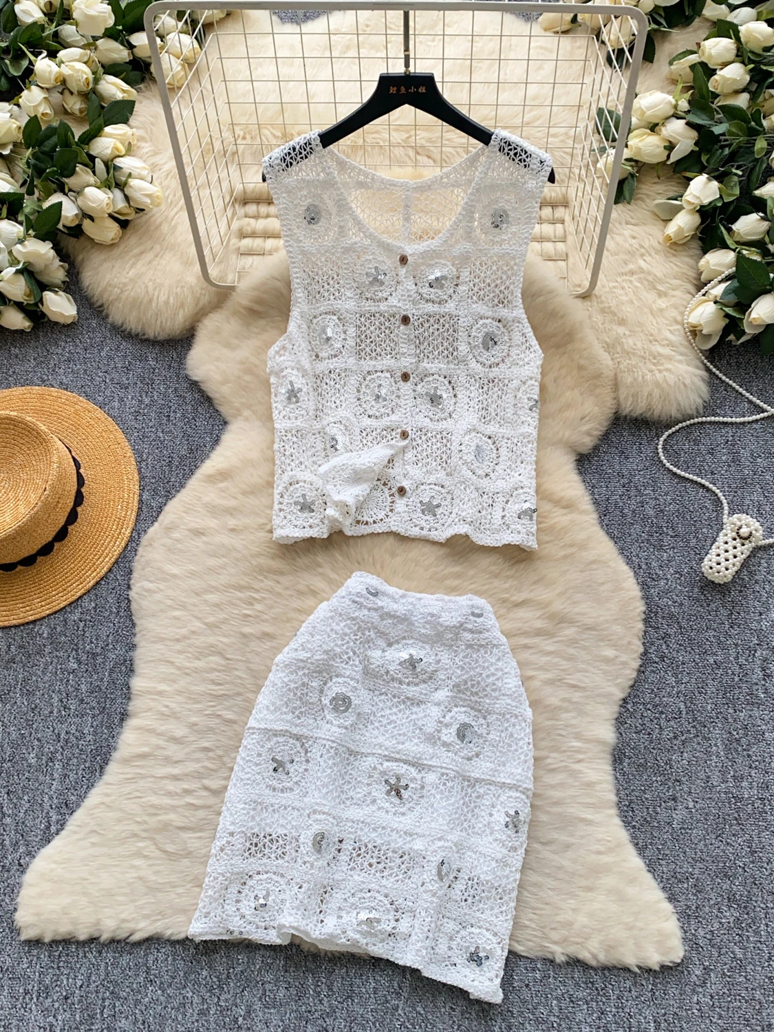 

Heavy Embroidery Sequin Vest Set Women's Summer 2026 Two-Piece Hollow Knitted Outerwear Cardigan Layering Style