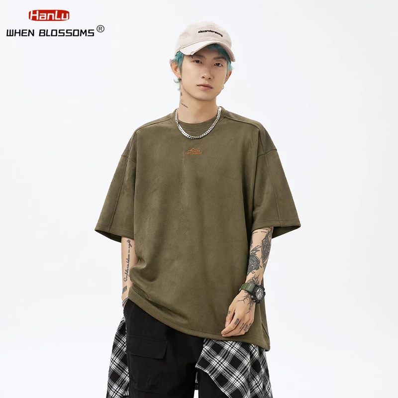 2024 Men Suede Short Sleeved T-shirt Men Women's Summer Oversized Tops Embroidered Trendy T-shirt Couple Streetwear Red Tees