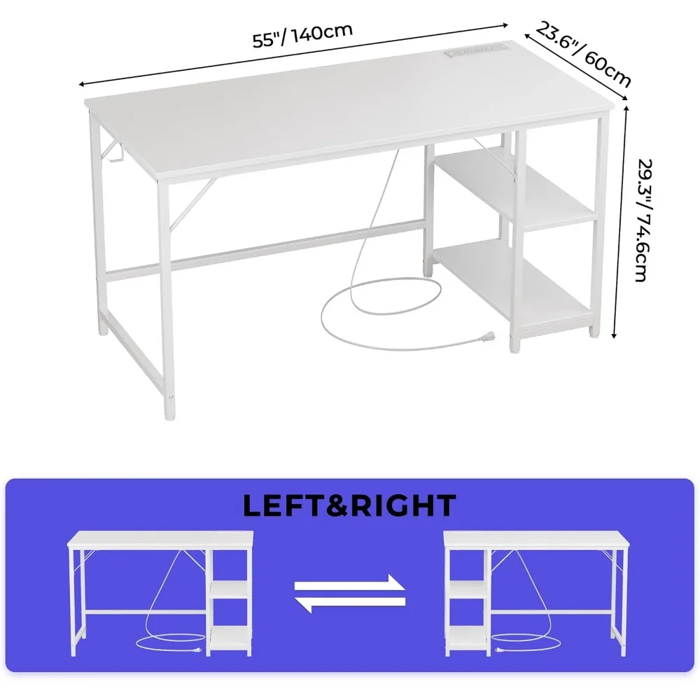 JOISCOPE 55 Inches Computer Office Desk with Table Power Outlets, Home Office White Desk with Storage Shelves and USB & Type-C
