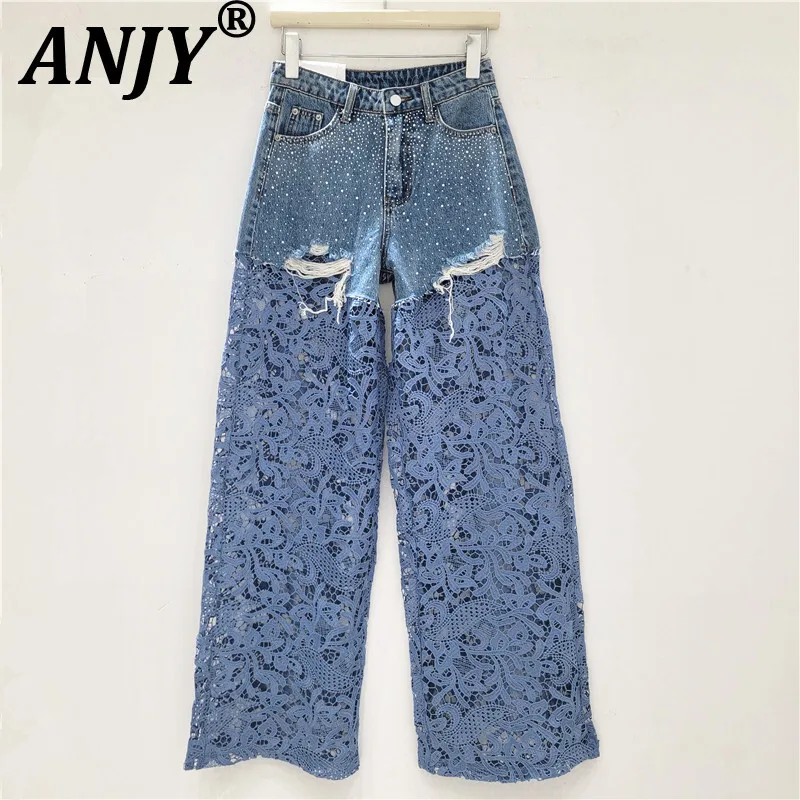

ANJY Summer New Women Y2K Jeans Heavy Craft Diamonds Ripped Denim Patchwork Lace Straight High Street Elegant Trendy Pants A9186