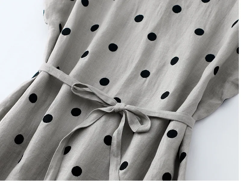 ผ้าฝ้ายฝรั่งเศสและผ้าลินิน Dot V คอชุดเดรสแขนสั้นผู้หญิง 2024 ฤดูร้อนใหม่สไตล์เกาหลีหลวมพลัสขนาดชุดลําลองหรูหรา