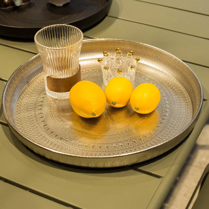 Metal Round Tray Light Luxury Middle and East Household Fruit Pot Fruit Basket Electroplated Pressed Film Pattern