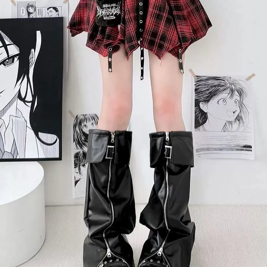 Gothic Punk Women Leg Warmers PU Leather Metal Buckle Zipper Y2K Motorcycle Style Boot Cuff Socks for Party Clubwear - view 3