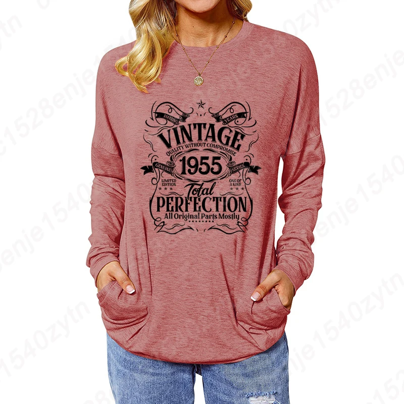 Vintage 1955 Total Perfection Graphic Sweatshirts Women Birthday Gifts Funny Long Sleeve T Shirt Retro Casual Fall & Winter Tops