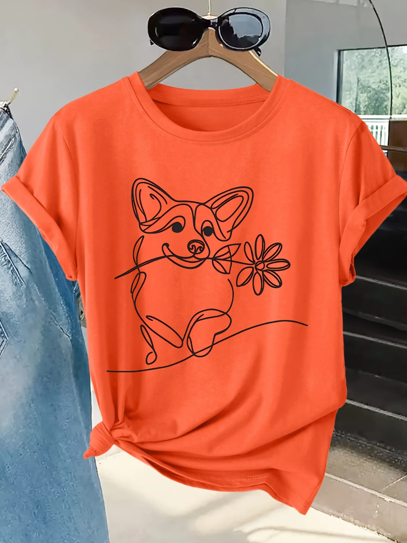 Women's T-shirt Corgi Line Funny Print Round Neck Breathable Summer Casual Party Date Holiday Travel Party Gift