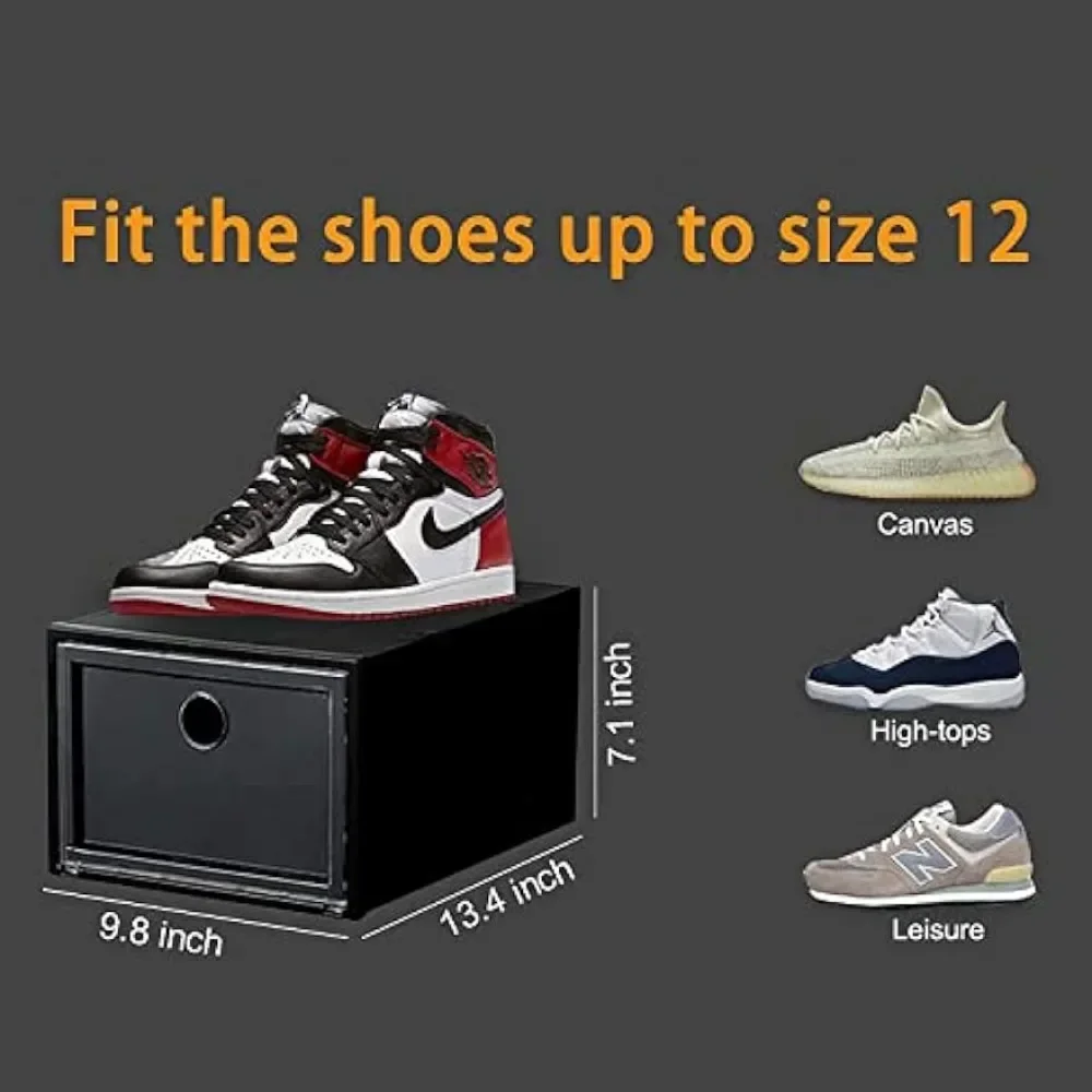 12 Pack Shoe Storage Boxes, Shoe Box Clear Plastic Stackable, Drawer Type Front Opening Shoe Holder Containers