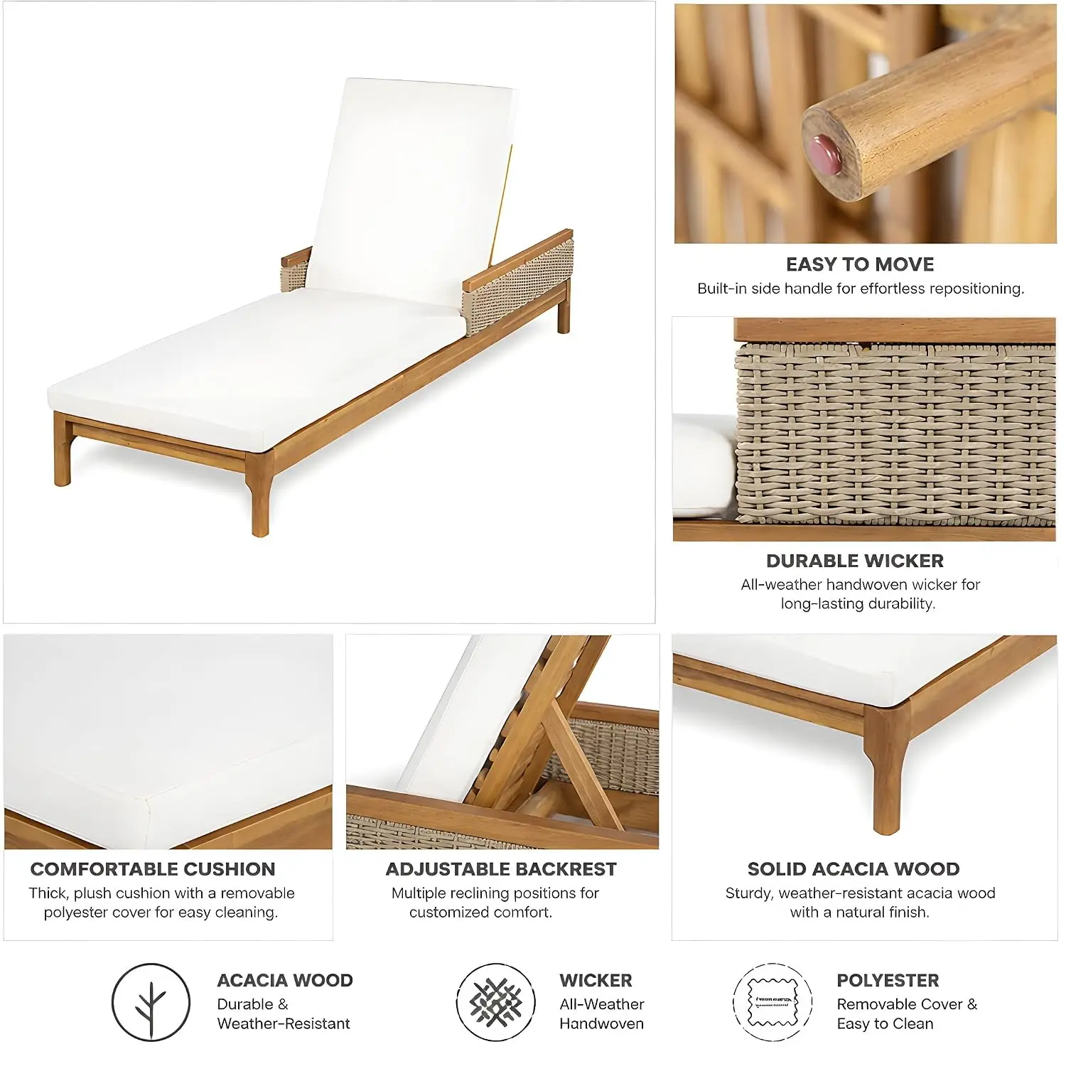Outdoor Acacia Wood Chaise Lounge Chair Set of 2, Wooden Sunbathing Pool Lounger with Woven Rattan Accents, Adjustable Backrest