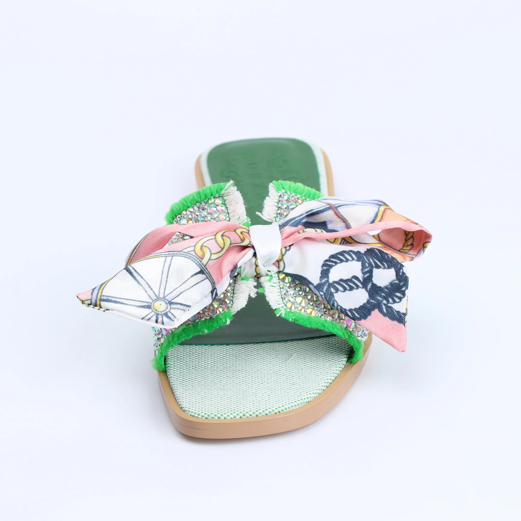 Women's Green Flat Luxury Rhinestone Sandals, Slip on Designer Slides Summer Fall Shoes Cute Open Toe Slippers