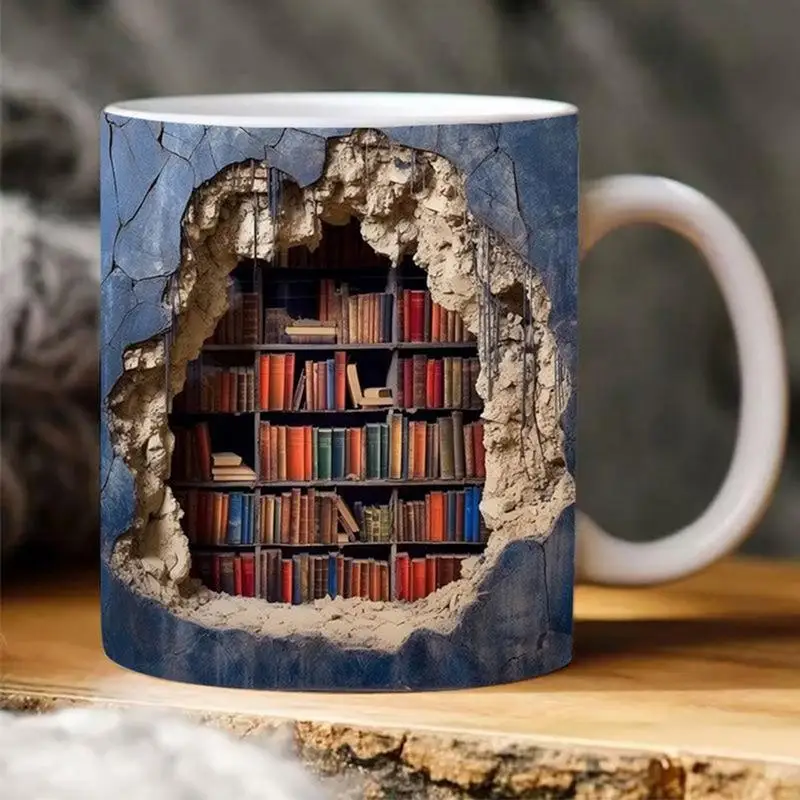 3D Bookshelf Mug 350ml Creative Space Design Ceramic Mug 3D Effect Library Shelf Mug Coffee Cup Gifts For Readers Book Lovers