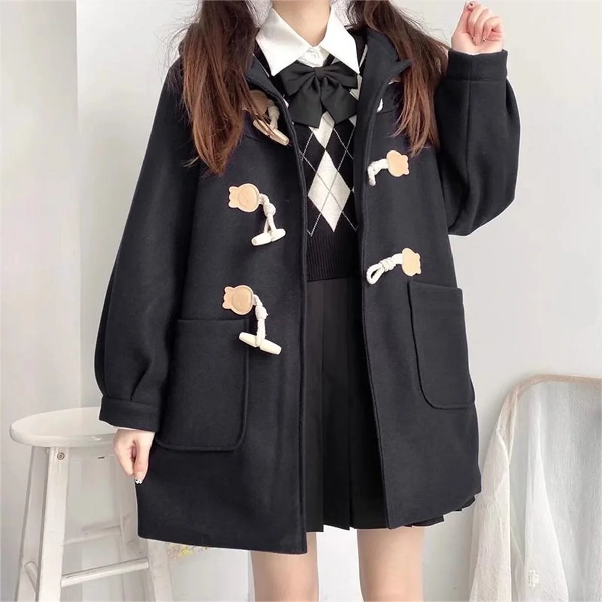 Cute Girl Spring And Autumn New Medium And Long Styles Horn Button Coat Collection Casual Fashion Trends Versatile Lazy Wind