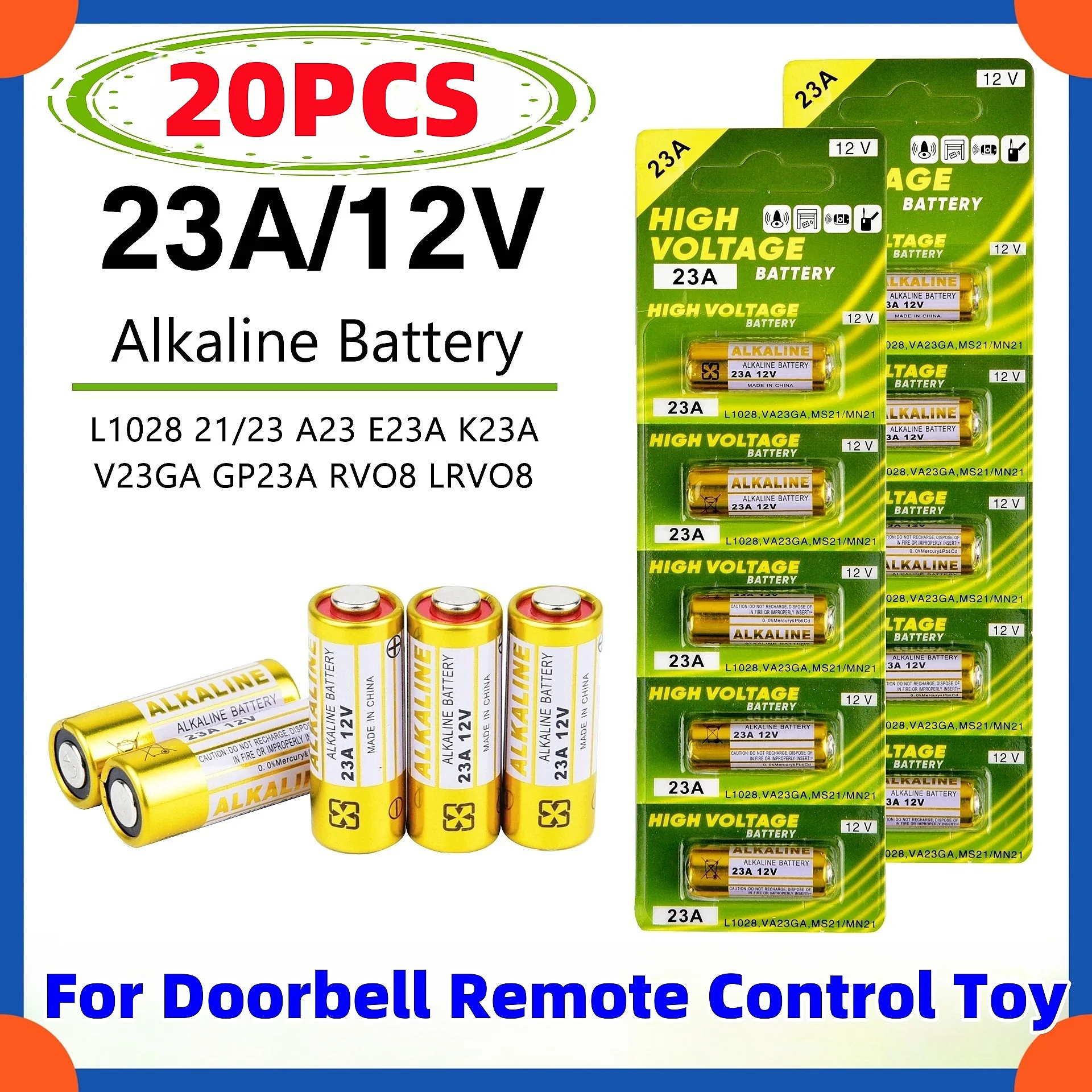 

NEW 20PCS 58mAh 23A 12V Batteries Remote Control Toys Dry Alkaline Battery L1028 21/23 A23 E23A K23A V23GA GP23A RV08 LRV08 23A