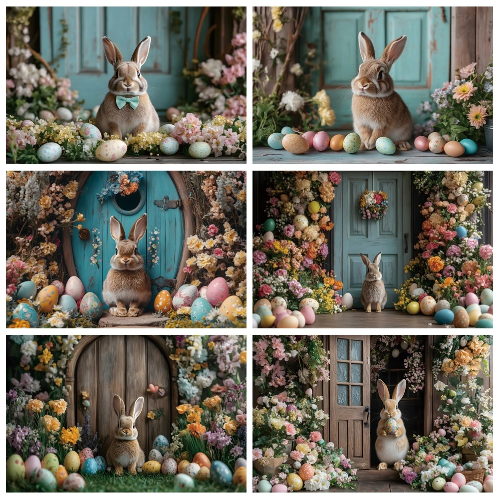 Happy Easter Backdrop Photography Spring Wood Door Colourful Flowers Eggs Rabbit Baby Shower Kids Artistic Portrait Background