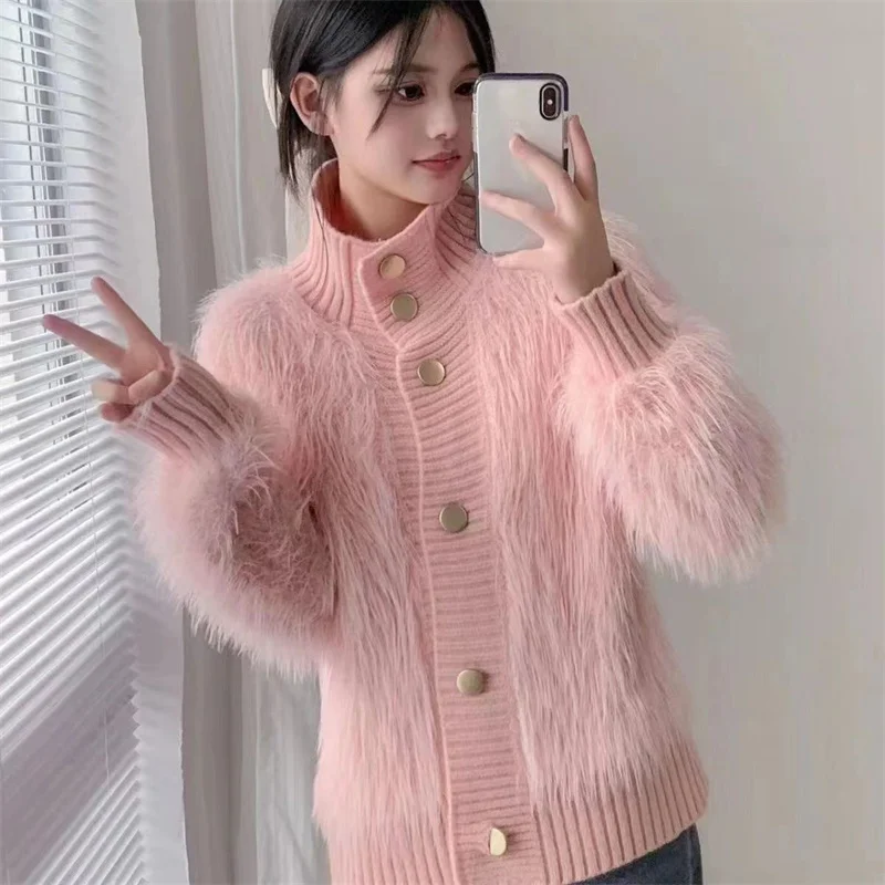 Women's Mink High Neck Sweater Casual Cardigan Autumn Spring 2024 Female New High-end Temperament Thick Loose Fur Knitted Jacket