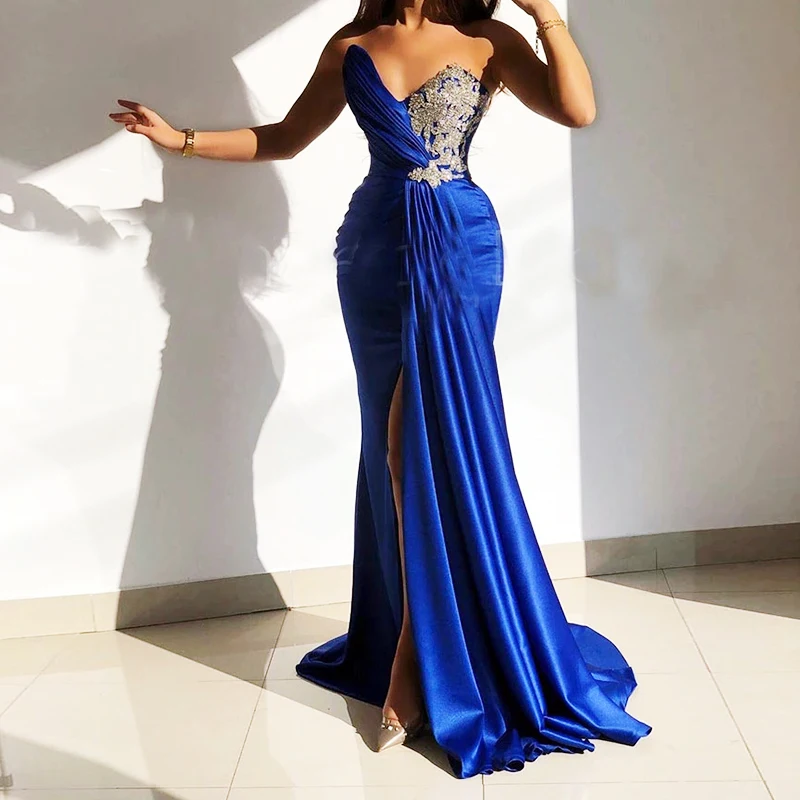 

Royal Blue sweetheart Mermaid Evening Dresses Side Slit Satin Beaded Party Dress Formal Occasion Prom Gowns Sexy Dress For Women