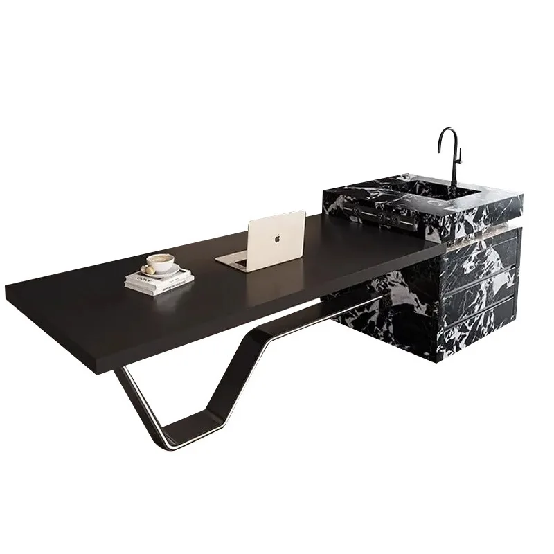 

Modern, light luxury, rock slab island, dining table, integrated villa