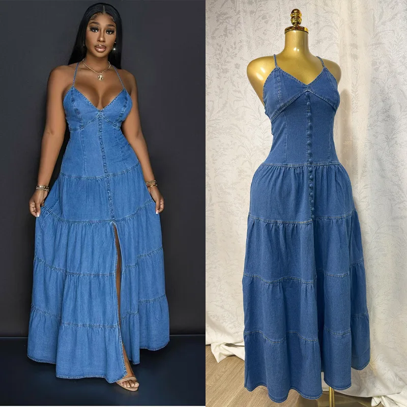 Mulheres sem mangas com decote em v cinta denim vestido longo cintura alta ruched festa de férias noite streetwear em camadas maxi vestidos