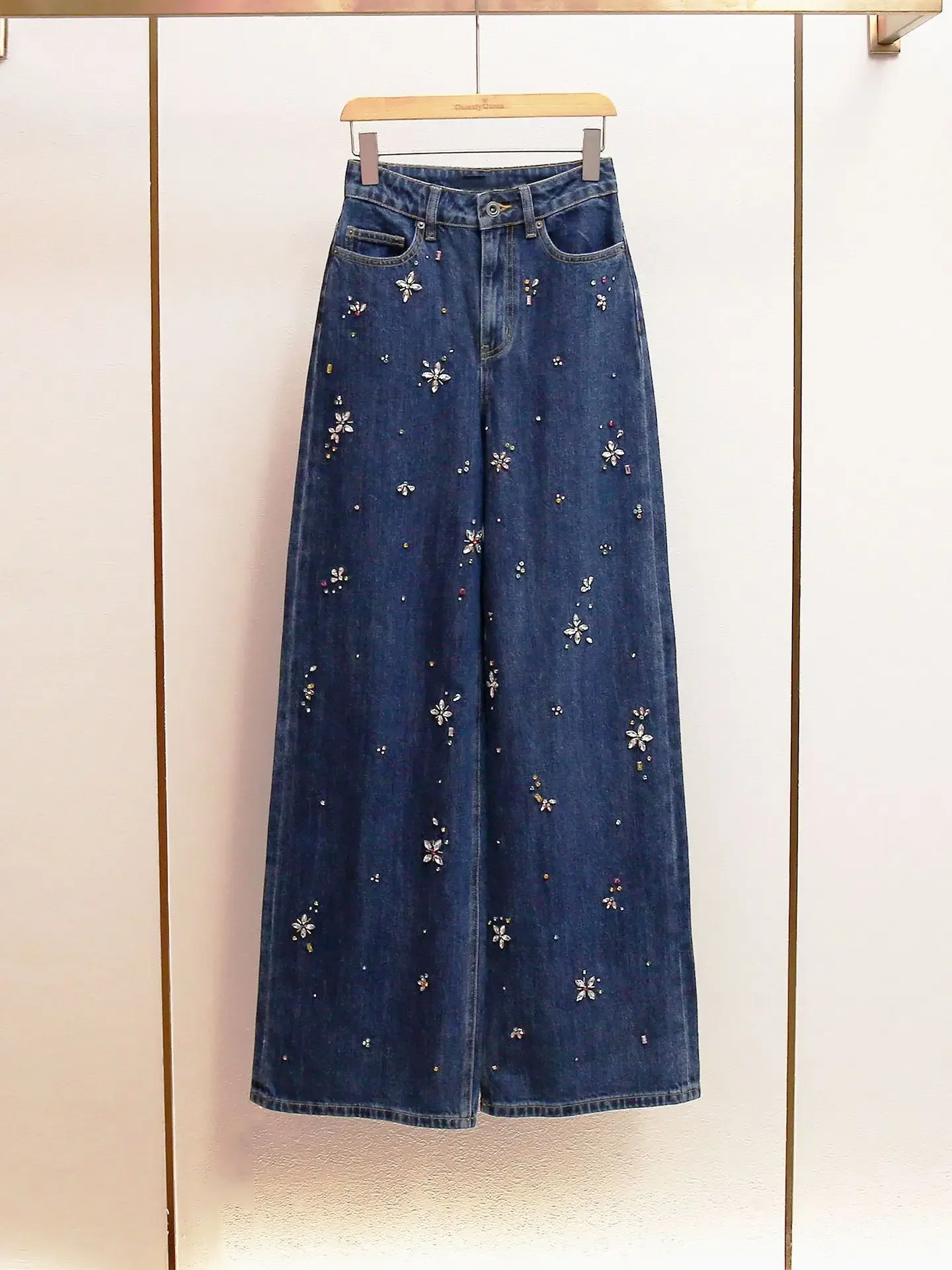 Outono novo estilo casual high-end pesado strass-embelezado a linha de cintura alta lavado azul calças de perna larga para mulher