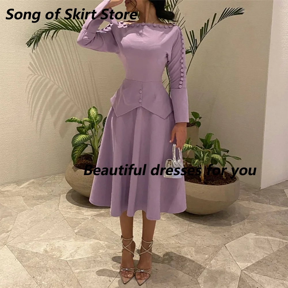 Customized Two Pieces Evening Dresses Button Long Sleeves Prom Dresses Pleated Jersey Tea Length Simple Party Dresses for Women