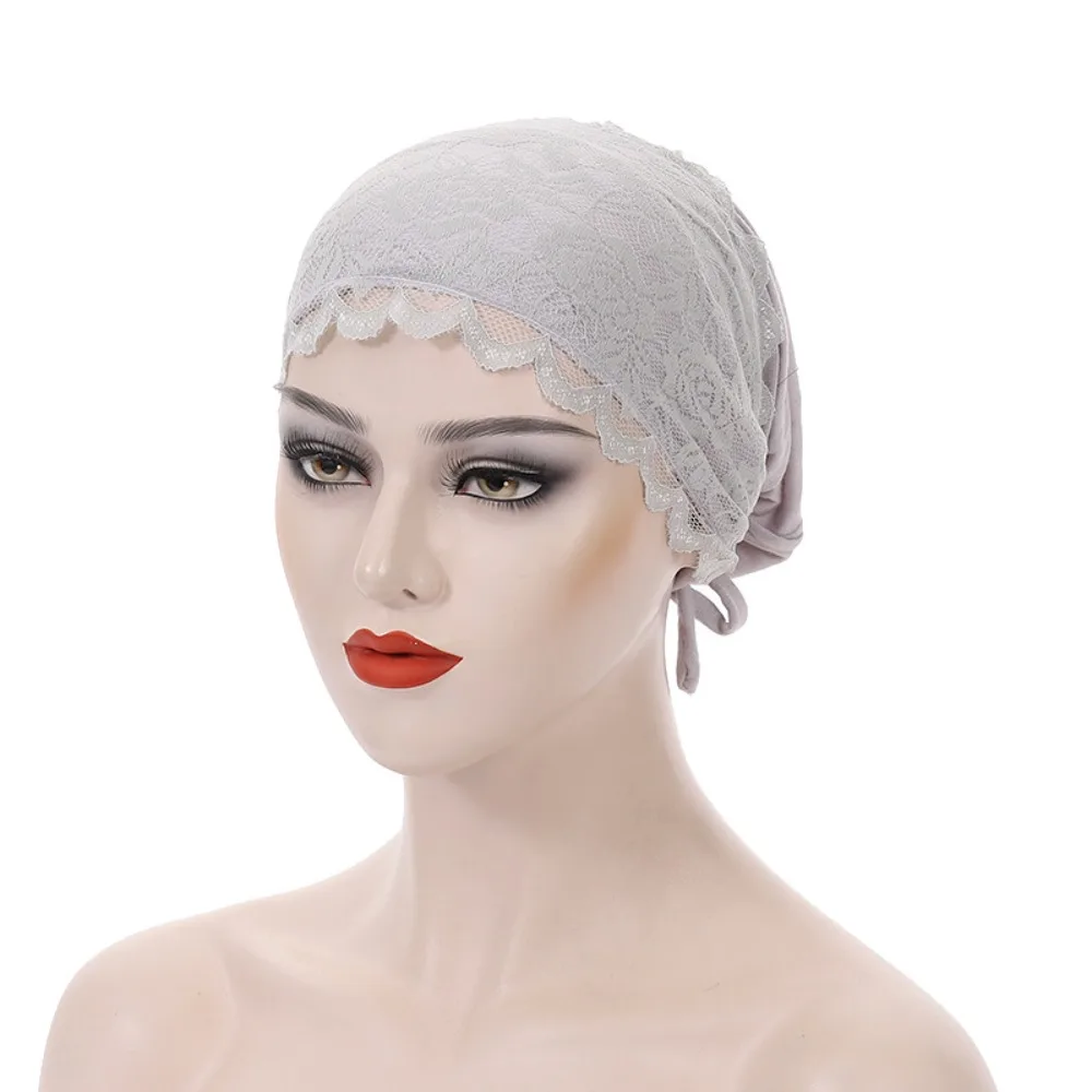 Fashion Elegant Turban Hat Solid Color Elastic Hijab Cap Breathable Tie Straps Head Wraps Female Head Covering