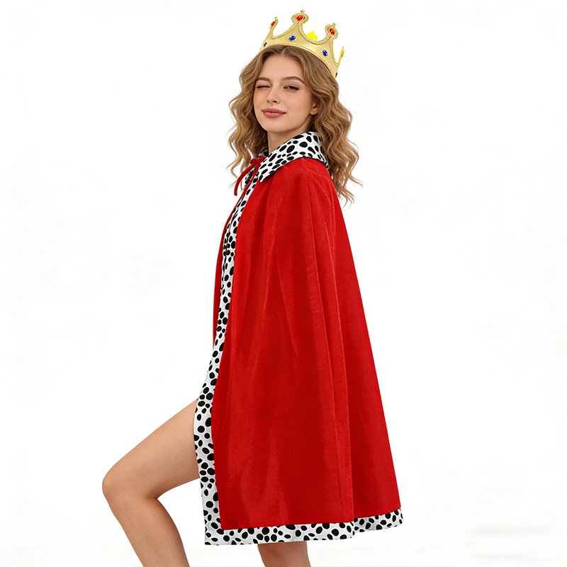 3PCS King Queen Red Cape with Crown Scepter, Kids Adults Royal Robe Halloween Cosplay Party Costume Set