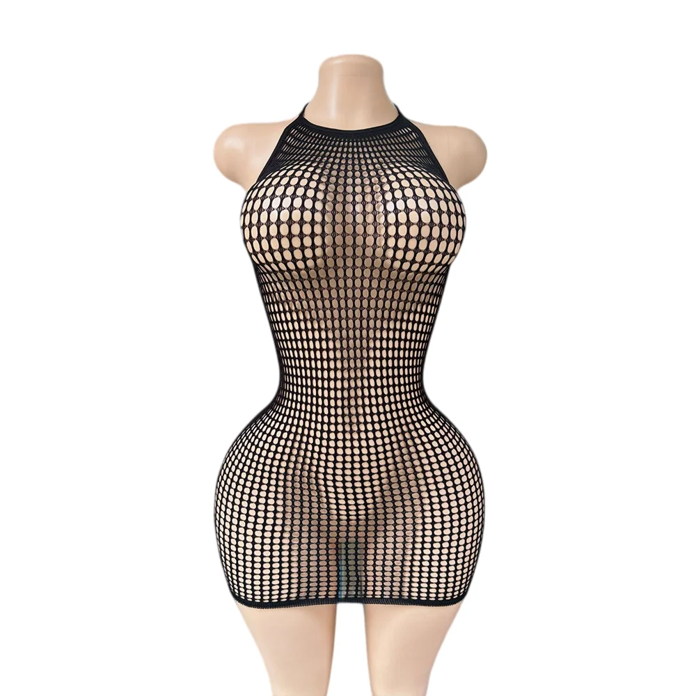 Black Women's Halter Fishnet Mini Dress, Hollow Out See Through High Stretch Bodycon Nightwear
