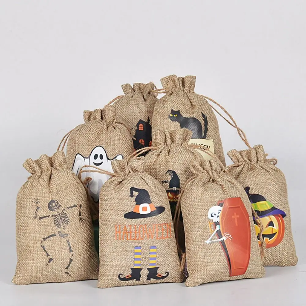 Bolsa con cordón para Halloween, paquete de lino con estampado de calabaza, fantasma, creativo, vacío, plano, 5 piezas