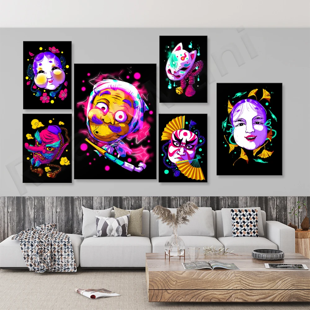 

Kabuki mask, fox mask image, neon prajna mask wall art modern living room home decor painting gift