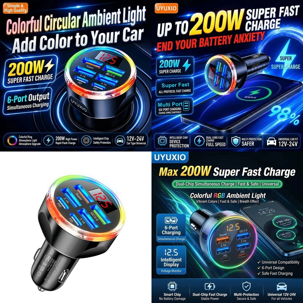 PD Type C Multi Car Charger Hub New Products 2026 for iPhone 18 17 16 Samsung S26 S25 S24 with Digital Voltage Monitoring Hub