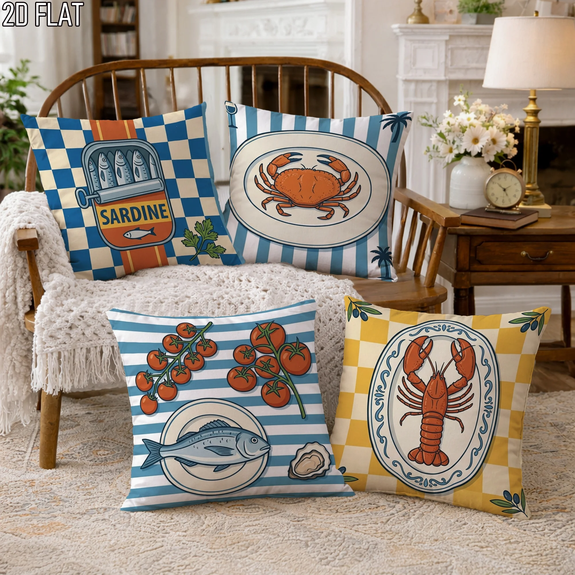 Cute Coastal Seaside Pillowcase Set 4pcs Nautical Seafood Kitchen Decor Prints 45x45cm Marine Bathroom Linen