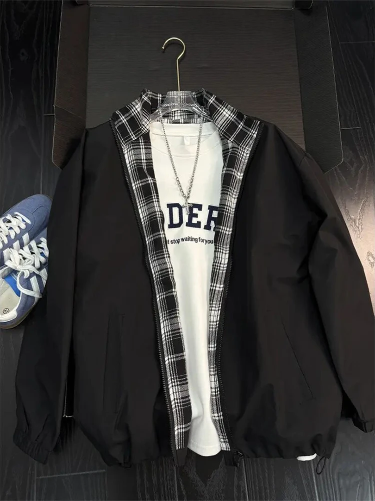 

Vintage Plaid Splicing Men's Jaet Stand Collar Baseball Sle Couple's Outerwear Casual Loose Fit Long Sve Zipper