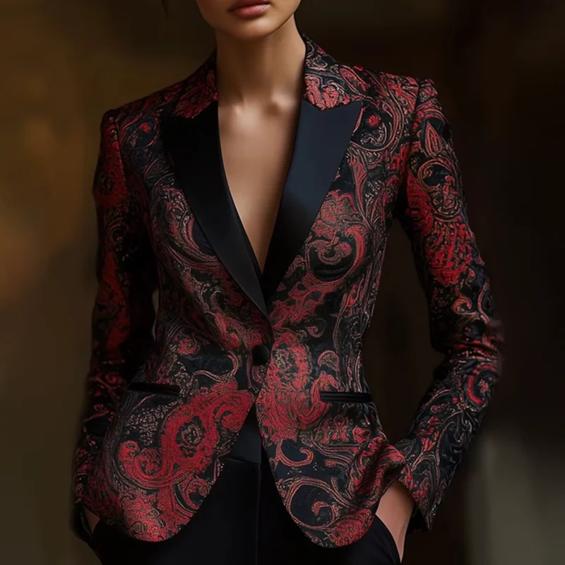 

Elegant Chic Jacket Women Vintage Floral Print Turndown Collar Slim Waist Pocket Decor Long Sleeves Tops Blazers Coats Outerwear