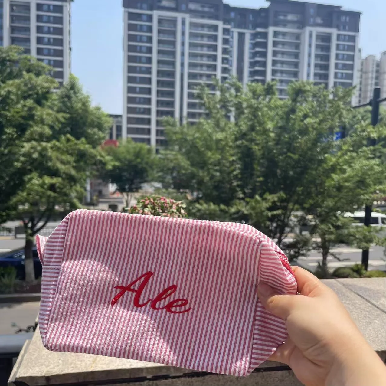 

Women's Travelling Personalized Name Portable Toiletry Bag Custom Embroidery Name Birthday Gift Seersucker Makeup Storage Bags