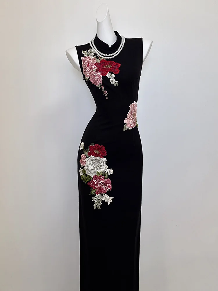 

Ele Bla Midi Qipao Dr New Chinese Sle No Sve Waist-Cinched Beautiful Svel High Split Daily Wear Summer 2025