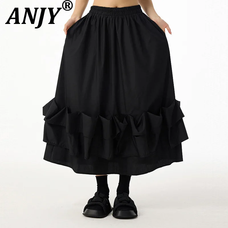 ANJY Summer New Women Dark Style Niche Design Pleated Pocket Fungus Skirt Stylish Trendy Elastic Waist Solid Color Skirts A22250