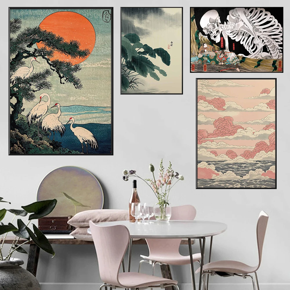 1pc frameless Retro Japanese Artwork Katsushika Hokusai Illustration Peony Canary Animal Poster Canvas Paintings Wall Art Pictur