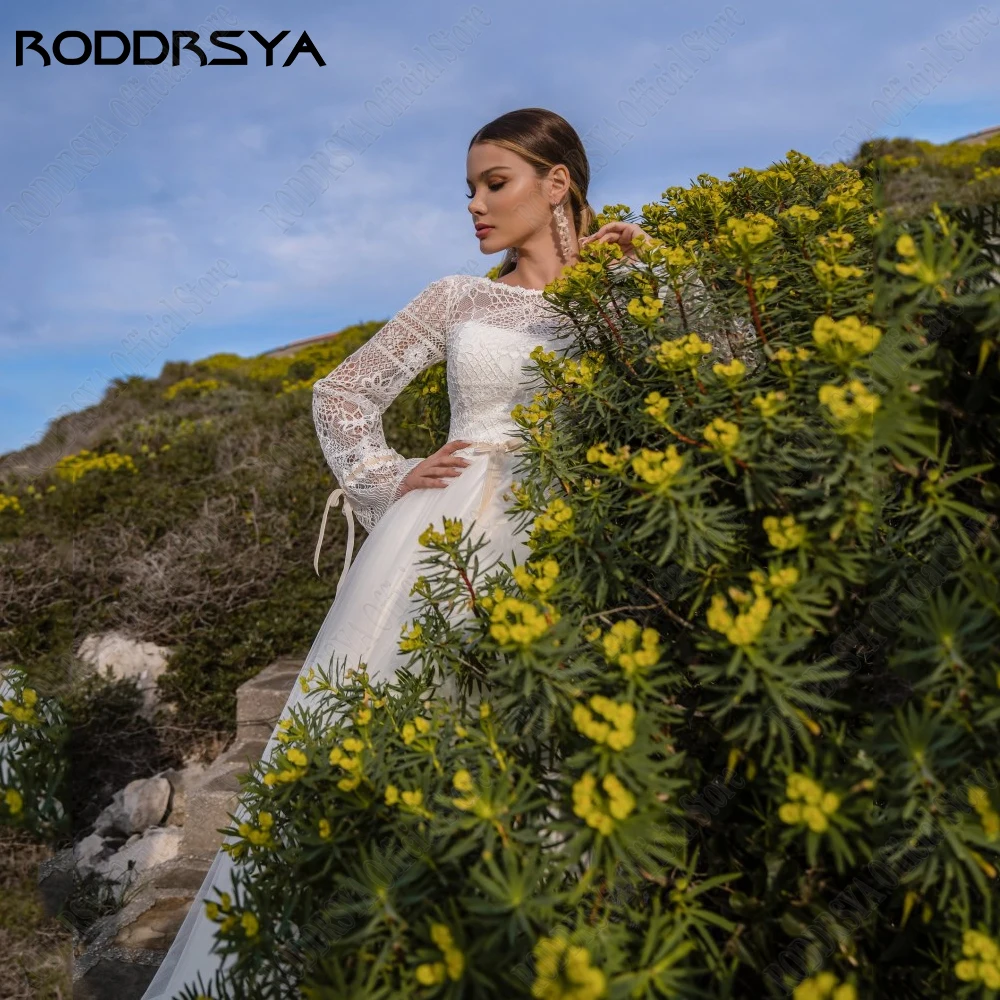 RODDRSYA gaun pernikahan klasik untuk wanita lengan panjang sendok gaun pengantin elegan A-Line Tulle renda Applique vestidos de novia